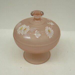 Westmoreland Glass Pink Mist hp DAISIES Footed Candy Dish w/Lid, Original Label